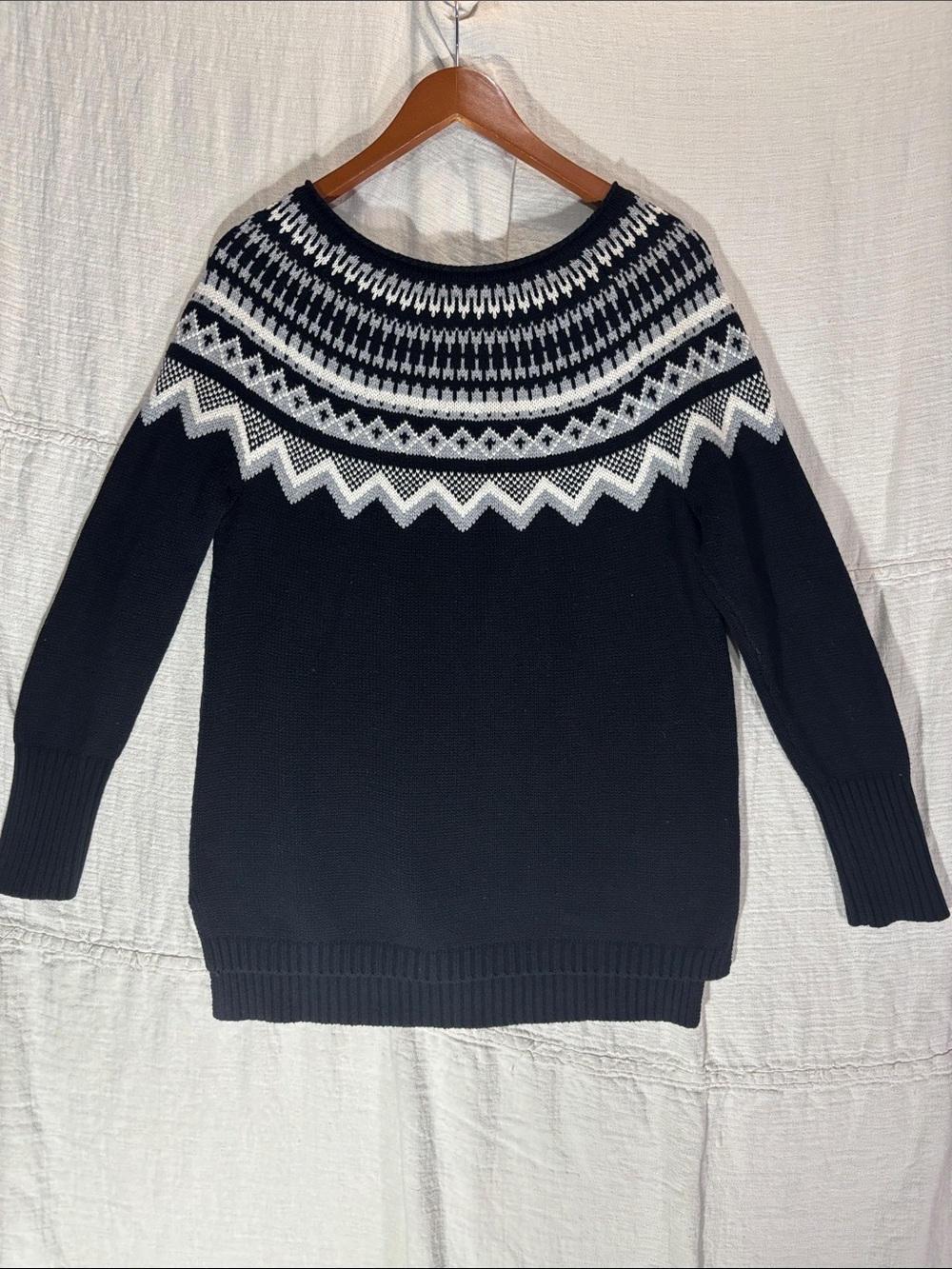 J. Jill Black Fair Isle Yoke Scoopneck Pullover Sweater Size Medium Cotton Blend